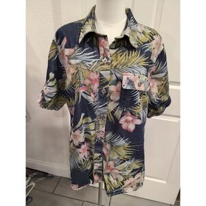 Sag‎ Harbor Sport Womens XL Tropical Floral Denim Shirt Navy Cotton Button Up